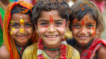 indian children covered in flower petals and vibrant vermillion celebrating a traditional holy festival