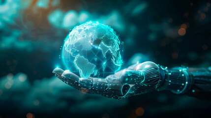 A robotic hand holding a digital representation of the Earth, signifying global reach of cloud-AI, AI is taking over the world