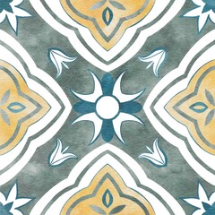 Hand painted watercolor blue faience floral arabesques azulejo tile allover seamless pattern