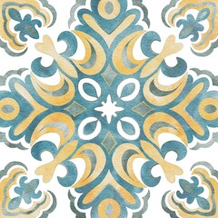 Hand painted watercolor blue faience floral arabesques azulejo tile allover seamless pattern