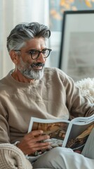Obraz premium A man with a gray beard and glasses wearing a brown sweater sitting comfortably on a couch reading a magazine with a warm and inviting smile.