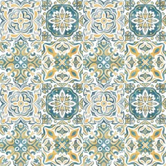Blue and yellow Azulejos tiles. Traditional Portuguese Mosaic, Spanish Majolica tile decoration. Patchwork print for wallpaper design. Watercolor artwork, antique tileable ceramics.