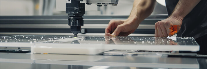 Technician cutting glass panes to size, precision craftsmanship in window production facility.