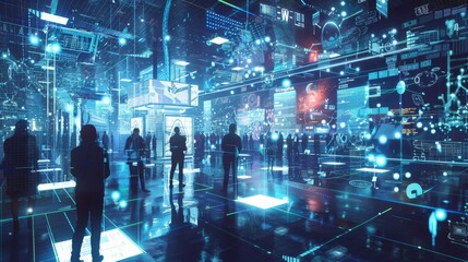 High-Tech Digital Space with Holographic Interfaces and People