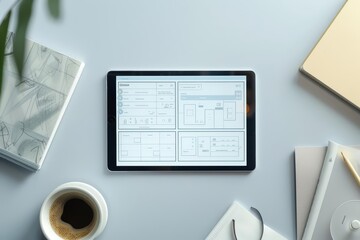 A top view of a tablet with a holographic interface displaying documents and folders