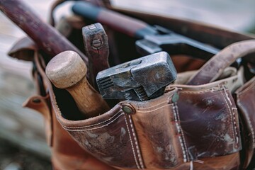Close-up of a vintage hammer and holster with rustic tools