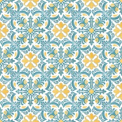 Blue and yellow Azulejos tiles. Traditional Portuguese Mosaic, Spanish Majolica tile decoration. Patchwork print for wallpaper design. Watercolor artwork, antique tileable ceramics.