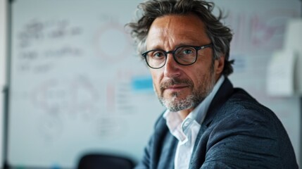 A man with gray hair and a beard wearing glasses and a suit sitting in an office with a whiteboard in the background.