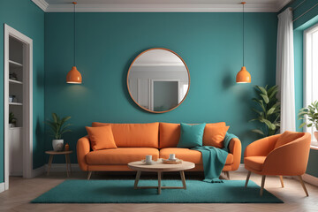 Modern Living Room with Bold Teal and Orange Accents