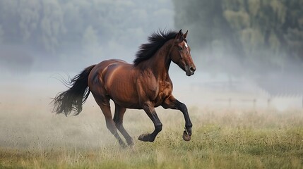 A brown horse is running in a green grassy field.

