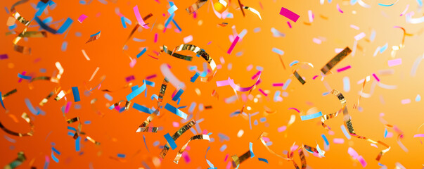Whimsical confetti dancing in mid-air against a bright orange background, captured flawlessly in
