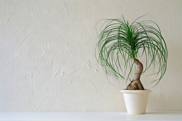 Minimalist interior with potted ponytail palm on white textured background