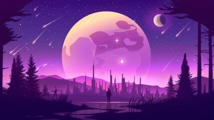 Monochrome silhouette city landscape with big moon and shooting stars. Dream cityscape 4k loop animation video on cartoon or anime style. anime illustrations. Illustrations