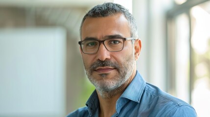 Obraz premium A man with gray hair and a beard wearing glasses and a blue shirt looking directly at the camera with a serious expression.
