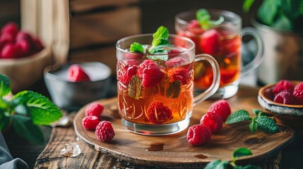Refreshing raspberry mint tea in glass cups on wooden table