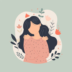 Woman hugging herself, flat style. Vector illustration. 