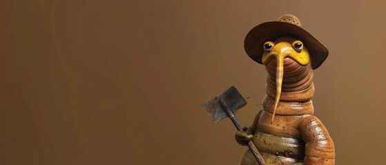 A worm wearing a gardeners hat, holding a small shovel against a solid brown background with copy space