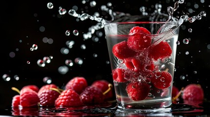 Fresh raspberries splashing into glass of water on dark background
