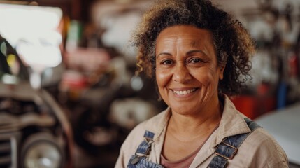 A smiling woman with curly hair wearing a beige shirt and blue overalls standing in a workshop with blurred background of tools and vehicles.