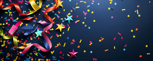 A burst of colorful short ribbons, shiny paper stars, and confetti on a deep navy blue background.