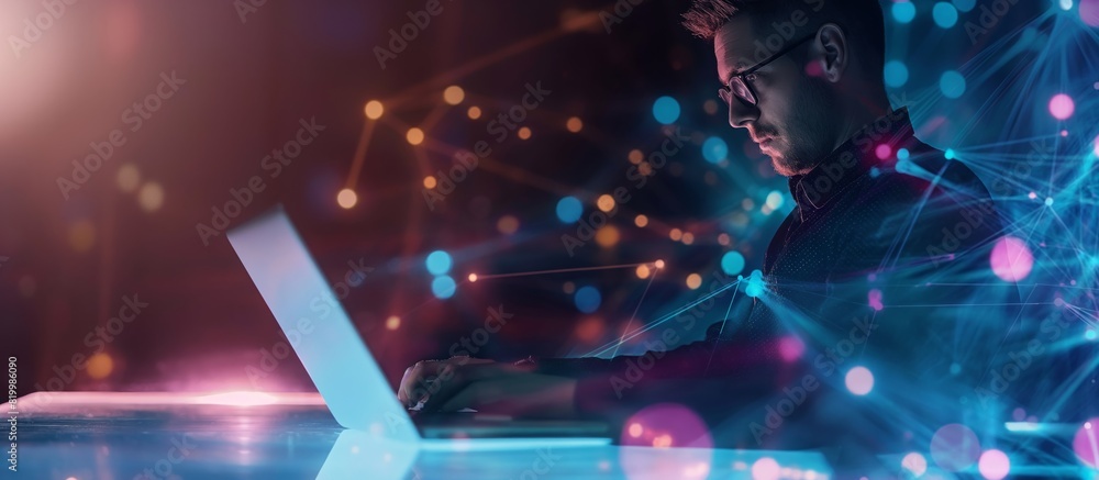 Poster in a hightech atmosphere, a young professional is immersed in their work, focusing on their laptop i