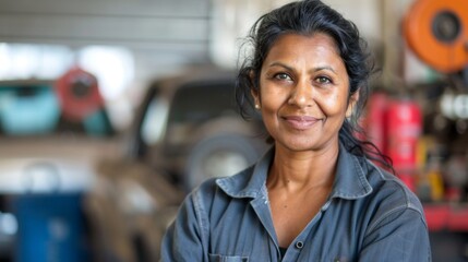 Smiling woman in mechanic's uniform standing in a workshop with blurred background ofvehicles and equipment.