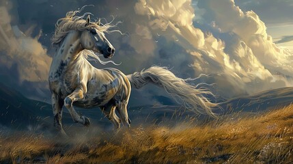 A brown horse with a long flowing mane is running in a field of tall grass. The background is a light brown color.


