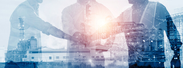 Engineering worker industry double exposure teamwork concept, hands uniting working as a team building strong relationship work ethic within factory working environment, background blue banner.