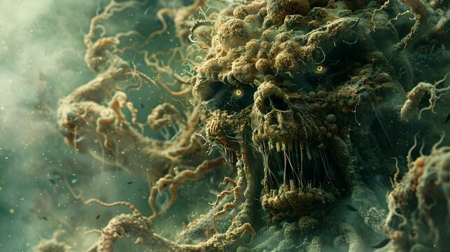 Angry Microbial Colonies Morphing into Menacing Faces Symbolizing the Destructive Power of Hidden Grudges