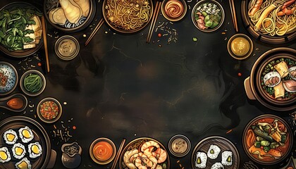 An illustrated top view of a variety of Asian dishes arranged around a dark