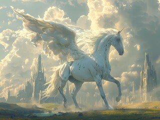 Fototapeta premium Majestic Winged Unicorn Soaring Above Enchanting Medieval Castle in Ethereal Landscape