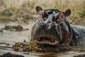 A close-up portrait of a male hippo in a river, looking directly at the camera. Blurred background....