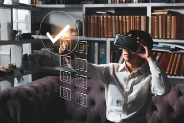 Businessman worker using VR virtual reality augment headset gear folder data and document management system DMS, information computer system storage data technology, document sharing and transfer.