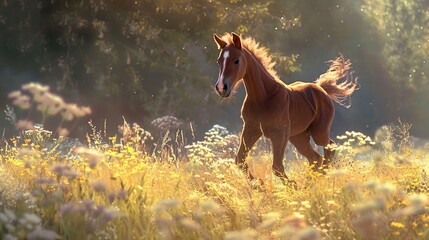 A brown horse is running in a field of tall grass. The horse is in mid-stride, with its head and tail raised.