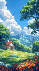 Fototapeta premium Picturesque Countryside Landscape with Charming Cottage and Blooming Floral Garden