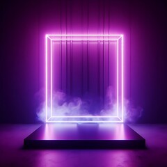 A neon square light installation with vertical lines inside, emitting a purple glow and surrounded by mist, creating a modern and ethereal atmosphere. Ai generative 