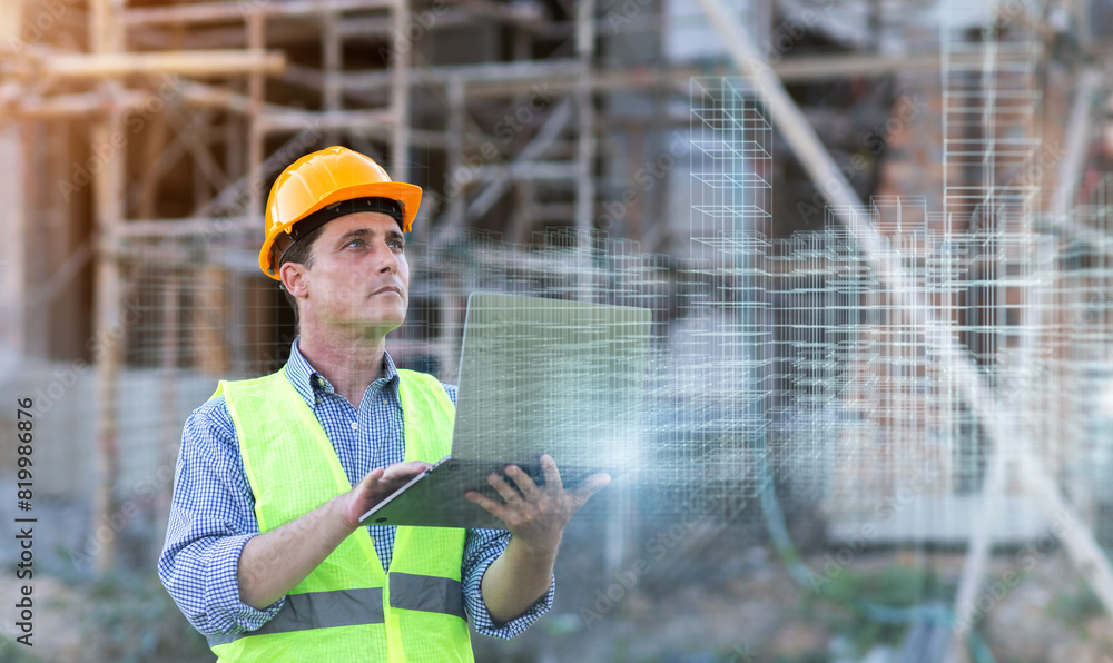 Poster architect using laptop holographic computer technology designing construction architecture of buildi