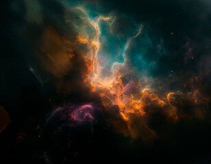 A long, orange, glowing line of fire in space. The fire is surrounded by a blue-violet sky. Realistic space. Infinity of space and time. Wallpaper.