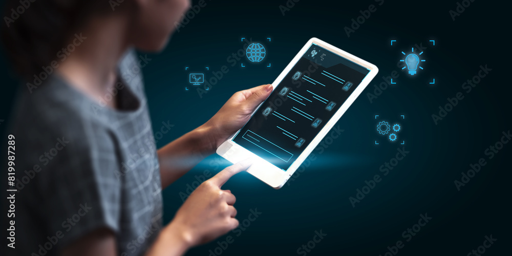 Poster businesswoman using tablet with chatgpt interactive online information chatting system, artificial i