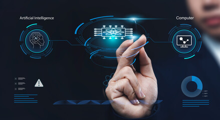 Quantum Computing and AI Technology, Businessman to Optimize Efficiency and Strategic Thinking for Future Computer Performance.