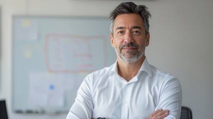 Obraz premium A man with a beard and gray hair wearing a white shirt standing in an office with a whiteboard in the background.