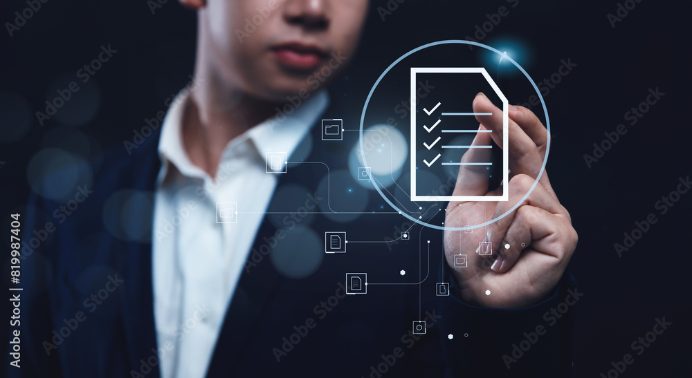 Poster businessman worker managing folder data and document management system dms, information computer tec