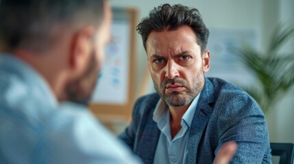 Obraz premium A man with a serious expression wearing a blue blazer and a white shirt sitting at a desk with a whiteboard in the background engaged in a conversation with another person whose face is not visible.