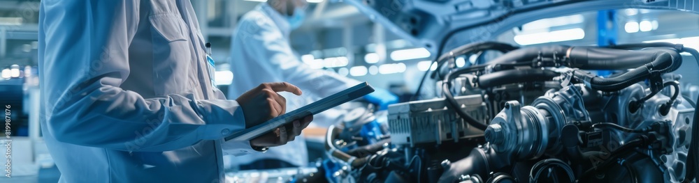 Poster an engineer in a white coat uses a tablet at a car plant, demonstrating advanced engineering and the