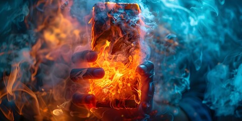 Man holding smoking smartphone fire hazard electrical overload unstable operation device breakdown. Concept Fire Hazard, Electrical Overload, Unstable Operation, Device Breakdown