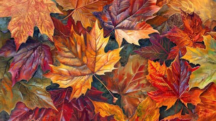 The image contains a pile of colorful leaves in the fall season.

