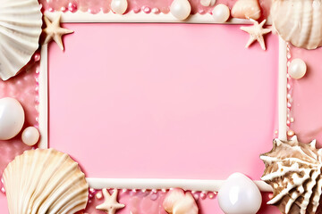 abstract polaroid frame in pink background with seashells, starfish and pearl pattern