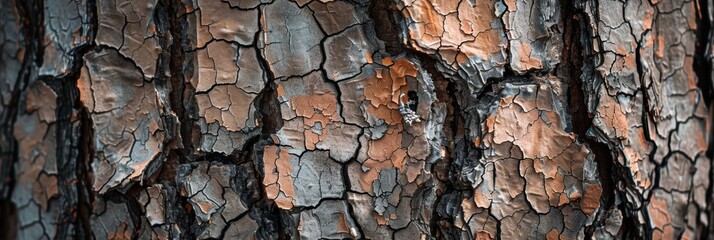 Close-up of textured pine tree bark with deep cracks and rustic hues.