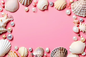 abstract polaroid frame in pink background with seashells, starfish and pearl pattern