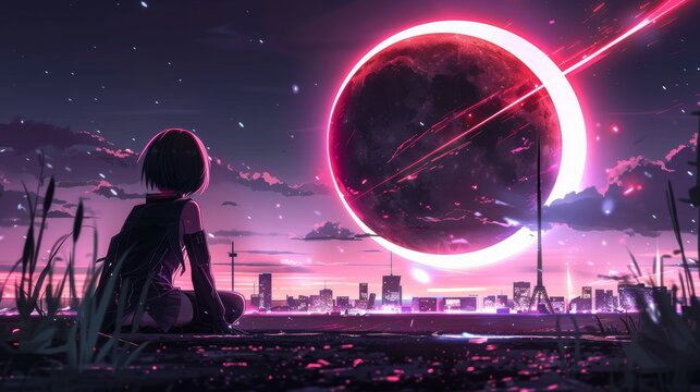 anime concept sky sunset landscape background eclipse, ai. anime illustrations. Illustrations
